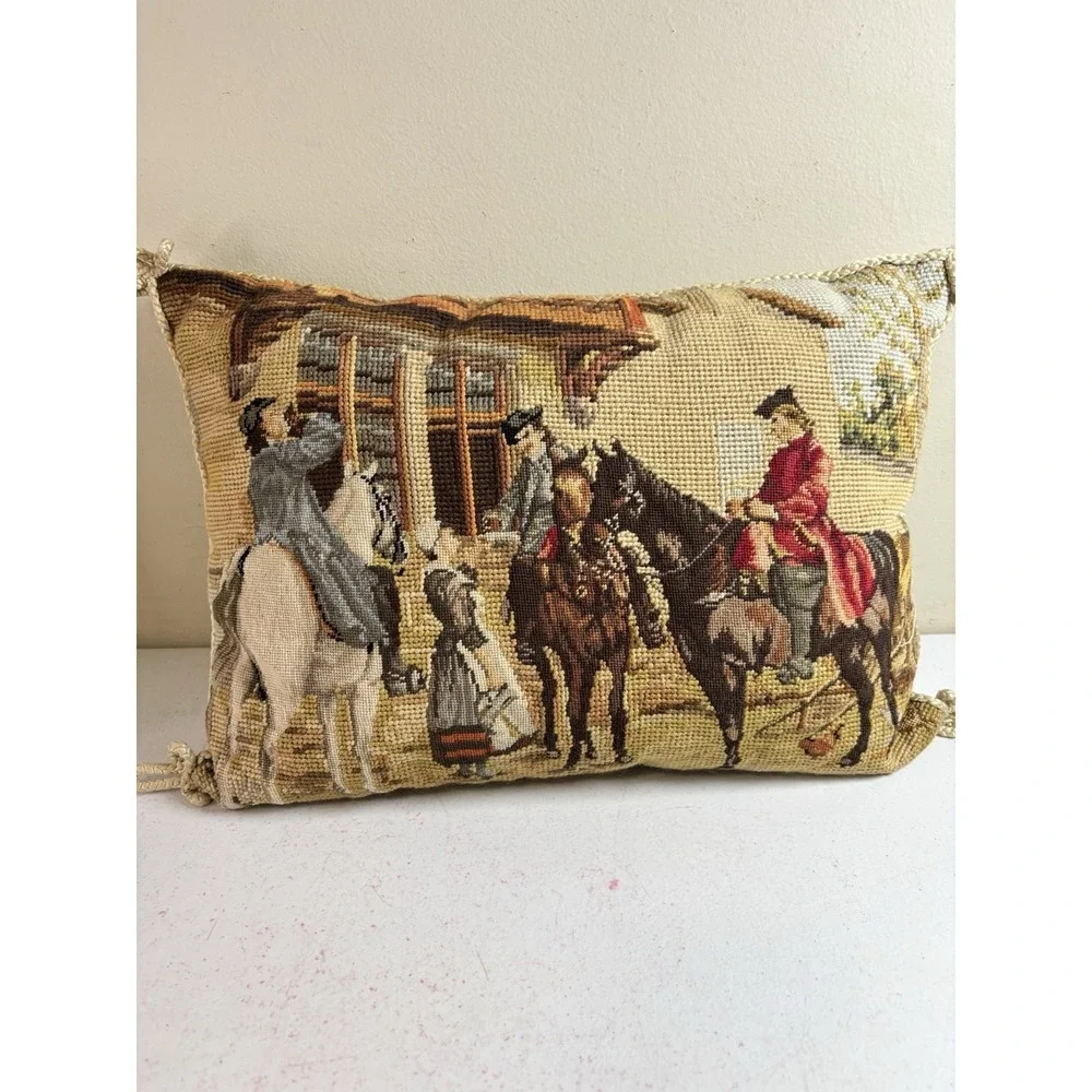 Petit Point Wool Horse Riders Colonial Needlepoint Pillow Zip Velvet Back 10x15